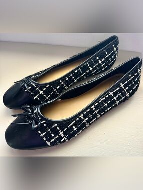 J.Crew Factory Tweed Ballet Flats Black White Cap Toe Preppy Chic 10.5